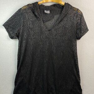 Cherie St Tropez Black Hooded Cover Up Womens Sz Medium Short‎ Sleeve Beach Swim